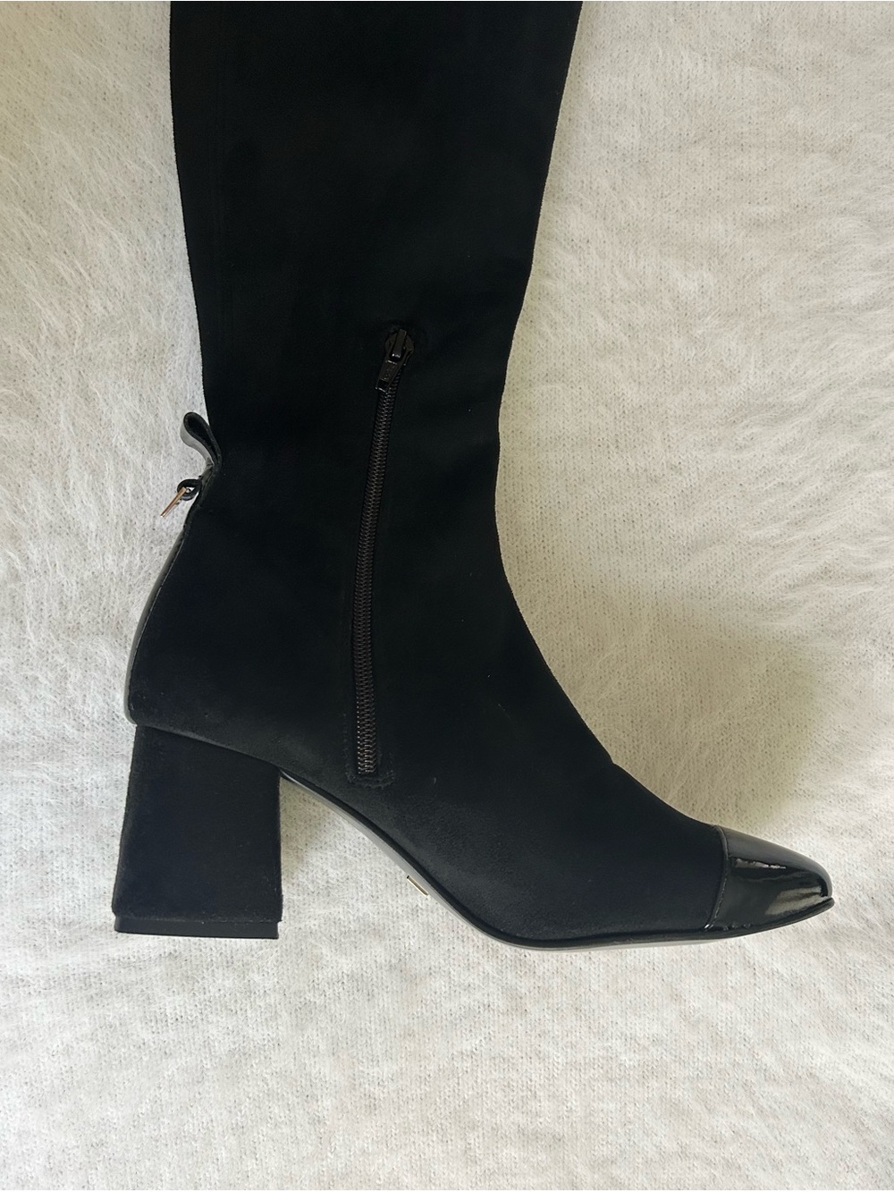 NWT J.B. MARTIN Women's Suede Block Heel Boots, Patent Leather Toe Black Size 38